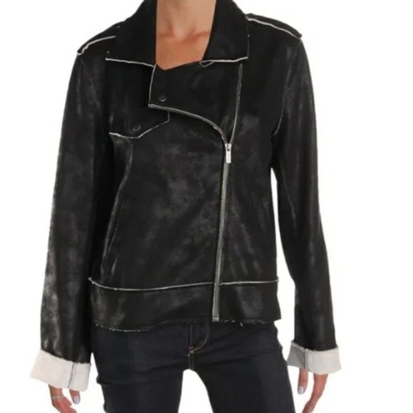 Splendid Faux Suede Moto Jacket Black Distressed Grunge Edgy Biker Y2K-M - Picture 3 of 14